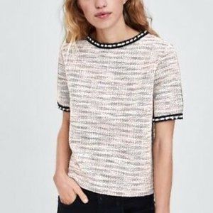 ZARA Tweed Pearl Knit Top - Cream & Metallic Gold